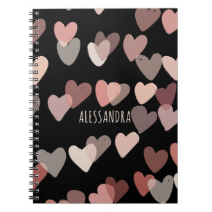 Carnet Nom personnalisé Coeurs mignons motif noir rose pâ