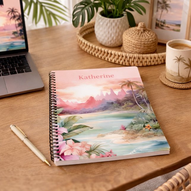 Carnet Nom personnalisé de plage tropicale rose (Créateur téléchargé)