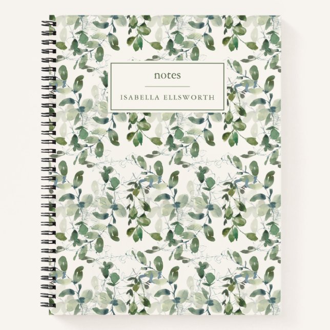 Carnet Nom personnalisé de verdure à l'aquarelle élégante (Devant)