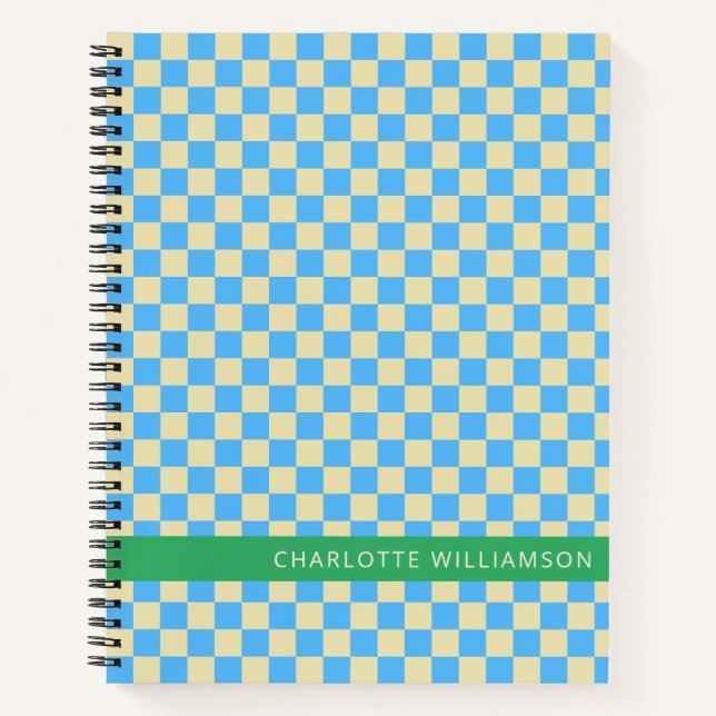 Carnet Nom personnalisé École Damier Rétro Bleu (Devant)