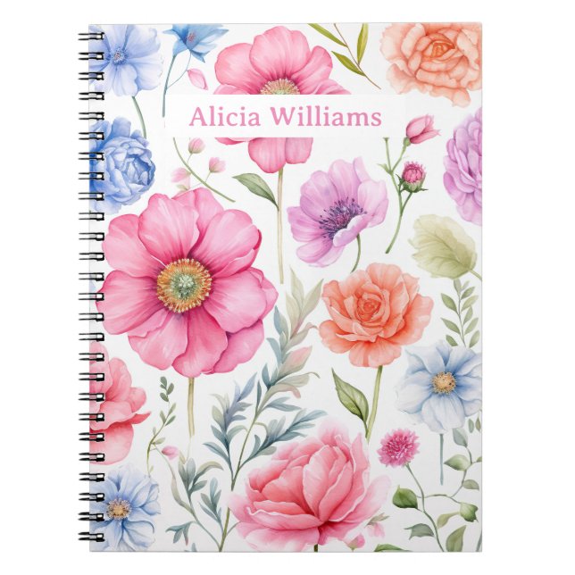 Carnet Nom personnalisé Elégant aquarelle motif floral (Devant)