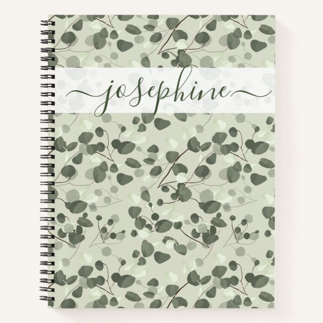 Carnet Nom personnalisé élégant script Eucalyptus vert fr (Devant)