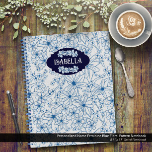 Carnet Nom personnalisé féminin motif floral bleu