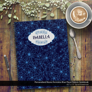 Carnet Nom personnalisé féminin motif floral bleu
