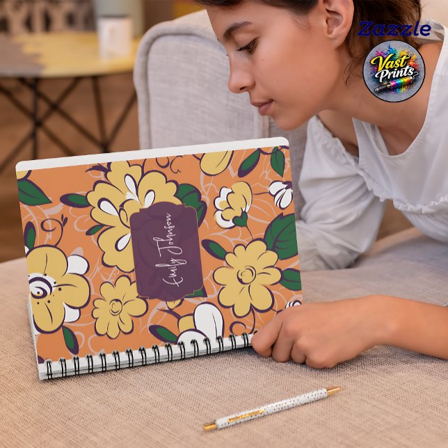 Carnet Nom personnalisé Fleurs abstraites Orange Blanc (Custom Name Abstract Floral Orange White Notebook)
