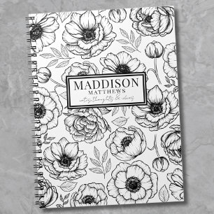 Carnet Nom personnalisé floral noir et blanc élégant