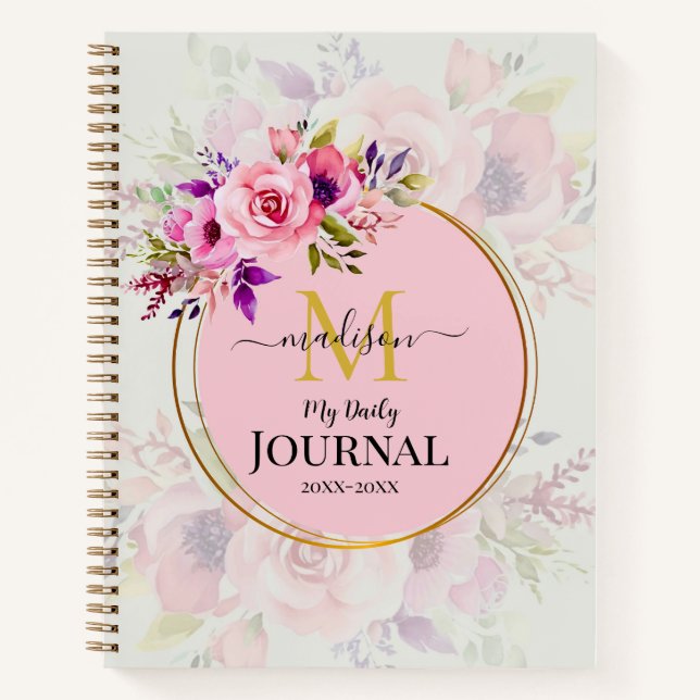 Carnet Nom personnalisé & initiale floral aquarelle rose (Devant)