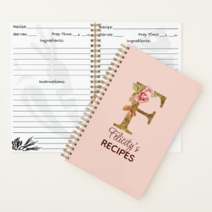 Carnet Nom personnalisé Lettre F Or Roses Roses Blush Ros