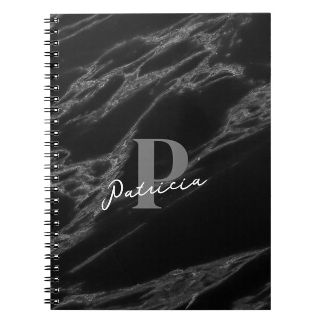 Carnet Nom personnalisé Marbre moderne initial Noir (Devant)