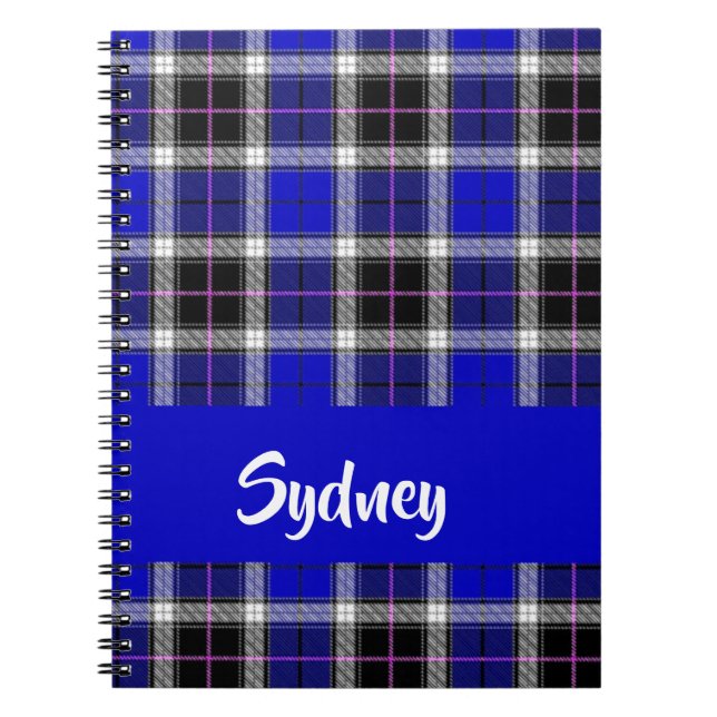 Carnet Nom personnalisé motif plaid bleu (Devant)