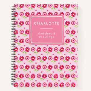 Carnet Nom personnalisé Pink Red Flower Hearts amusant