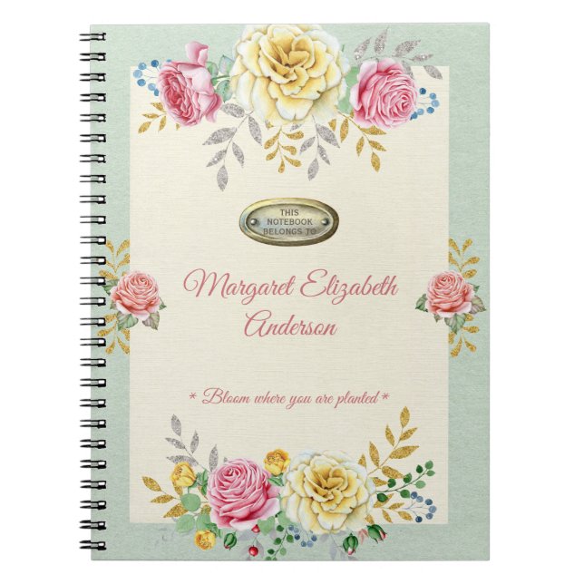 Carnet Nom personnalisé Rose Floral Gold Devis (Devant)
