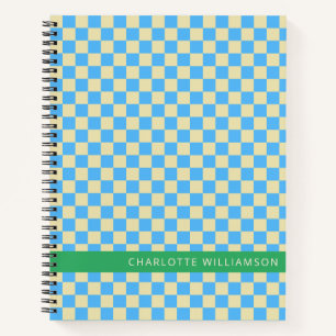 Carnet Nom personnalisé School Retro Checkerboard bleu