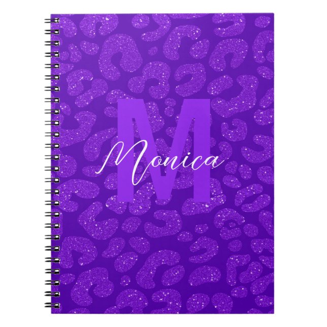 Carnet Nom personnalisé stylé Glitter Violet Léopard  (Devant)