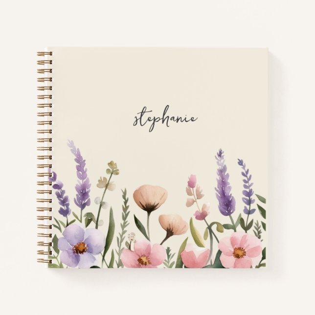 Carnet Nom personnalisé tendance Fleur sauvage aquarelle (Devant)