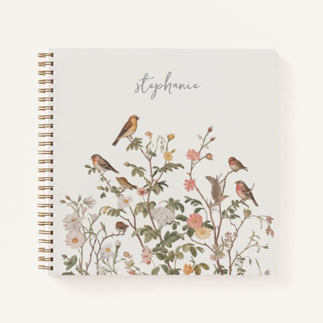 Carnet Nom personnalisé tendance fleurs sauvages et oisea (Devant)