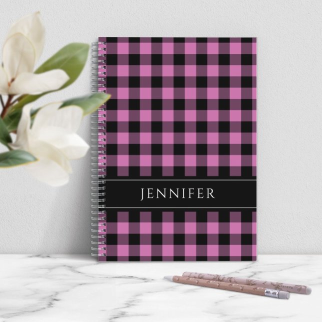 Carnet Nom Pink & Black Checks Plaid En vichy Motif (Modern Pink Plaid Name Notebook)