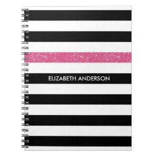 Carnet Nom Rayure Pailletée Rose Noir Blanc