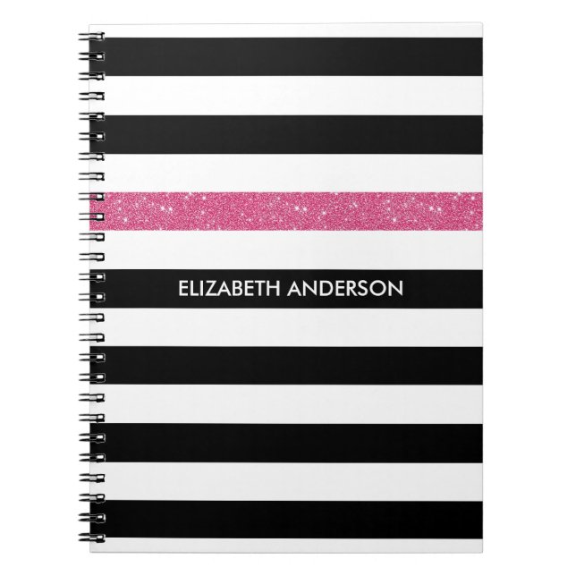 Carnet Nom Rayure Pailletée Rose Noir Blanc (Devant)