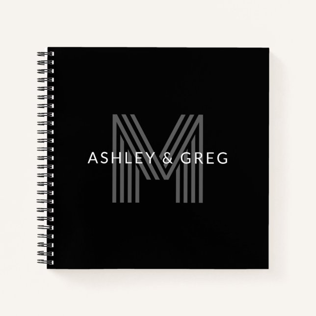 Carnet Nom rétro moderne éditable monogramme noir et gris (Devant)