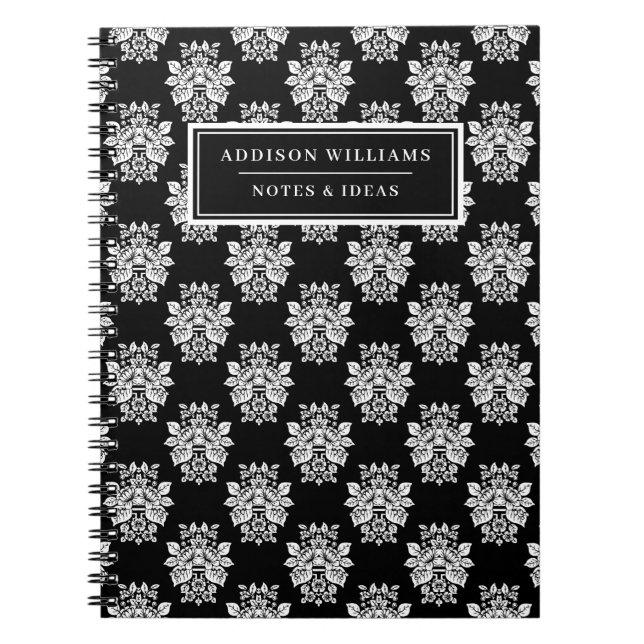 Carnet Nom unique Black Blanc Floral Damask Custom (Devant)