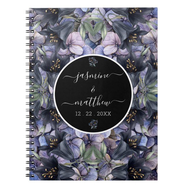 Carnet Noms de couple de mariage classique floraux noirs  (Devant)