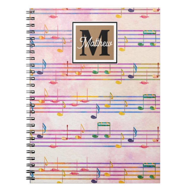 Carnet Note musicale colorée Musicien Monogramme (Devant)
