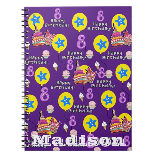 Carnet Notebook, #8 Happy 8th Birthday Notes Purple (Devant)