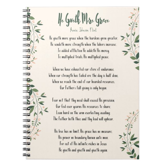 Carnet Notebook Annie Johnson Flint  He Giveth More Grace (Devant)