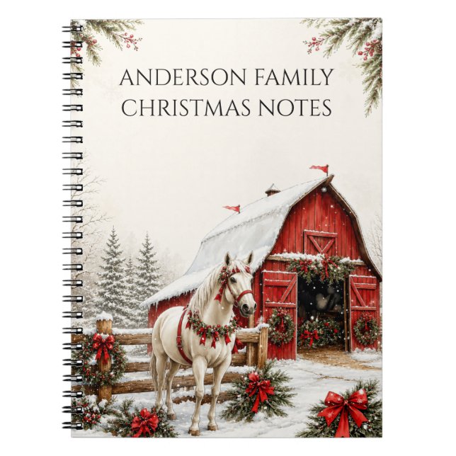 Carnet Notes de ferme rouge Noël cheval blanc |  (Devant)