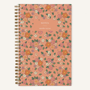 Carnet Notes de fleurs rétro pêche Nom personnalisé