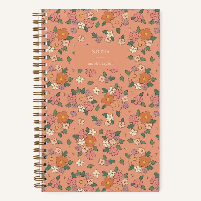 Carnet Notes de fleurs rétro pêche Nom personnalisé (Recto)