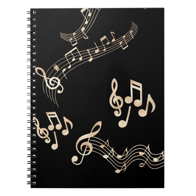 Carnet Notes de musique dorées sur fond noir (Devant)