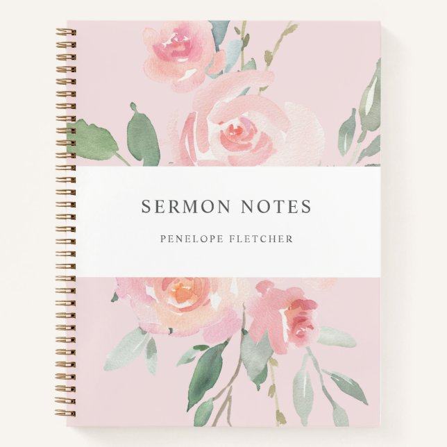 Carnet Notes de sermon aquarelle floral rose poudré  (Devant)