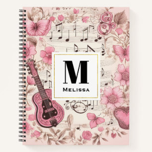 Carnet Notes musicales et fleurs Style rétro Monogramme