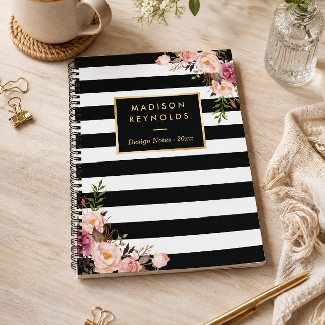 Carnet Notes Personnalisées Florales Rayures Blanches Noi (Créateur téléchargé)