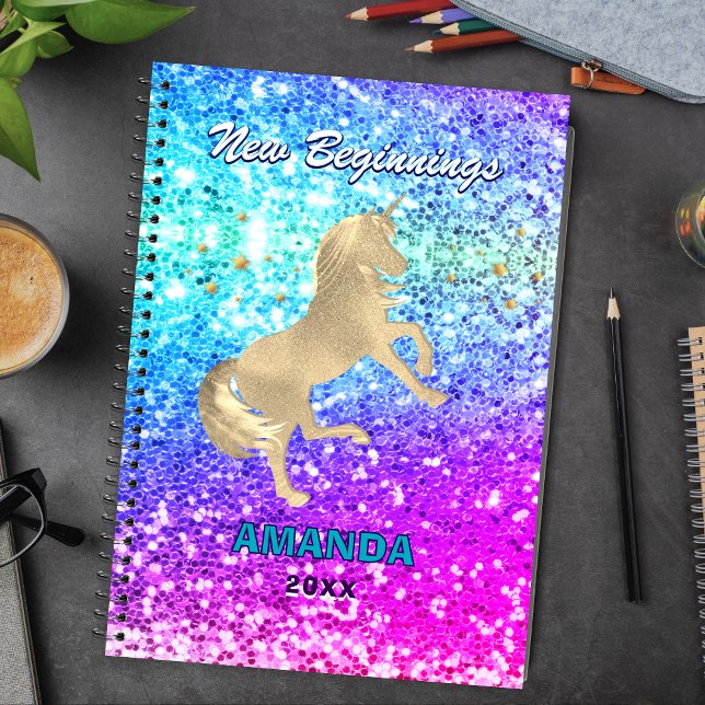 Carnet Nouveaux débuts licorne dorée Monogramme pailleté  (Créateur téléchargé)