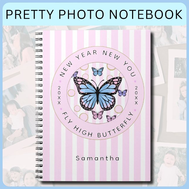 Carnet Nouvel An Papillon Papillon Nom personnalisé Année (New Year New You Pretty Pink and White Candy Striped Photo Notebook for all your precious memories!)