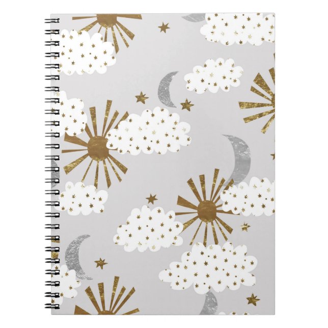 Carnet Nuages, soleil, lune, motif minimaliste. (Devant)
