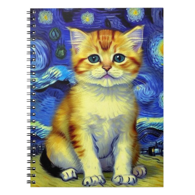 Carnet Nuit étoilée de Van Gogh avec un petit chat mignon (Devant)