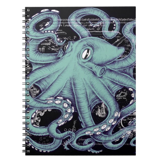 Carnet Octopus Teal vintage map (Devant)