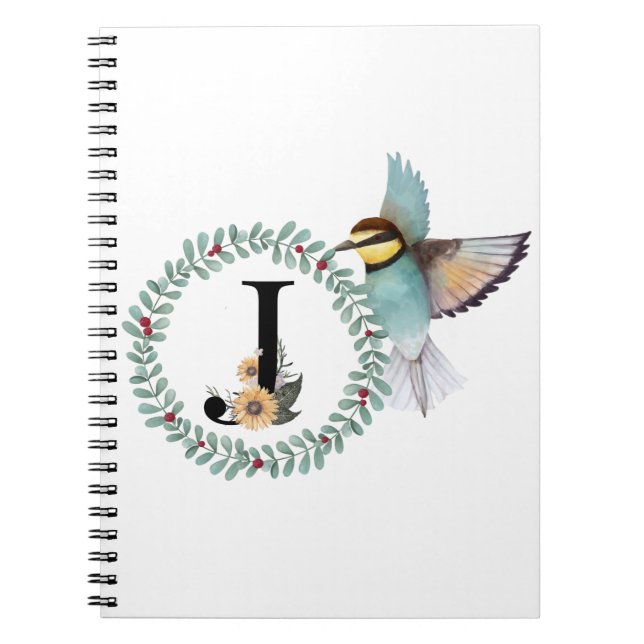 Carnet Oiseau avec couronne avec lettre "J" (Devant)