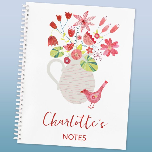 Carnet Oiseau avec pichet de fleurs nom personnalisé (Bird with a jug of flowers watercolor art personalized custom name text notebook)