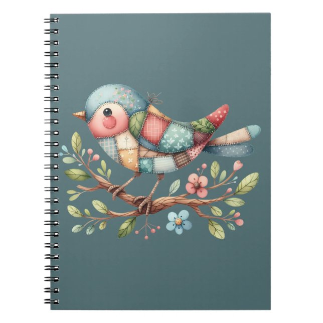 Carnet Oiseau chanteur patchwork sur branche fleurie (Devant)