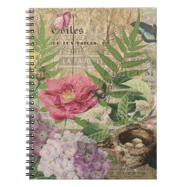 Carnet Oiseau Nid Floral Jardin Fleur Papillon Art (Devant)