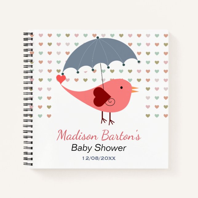 Carnet Oiseau sous parapluie Baby shower Coeurs pluviants (Devant)