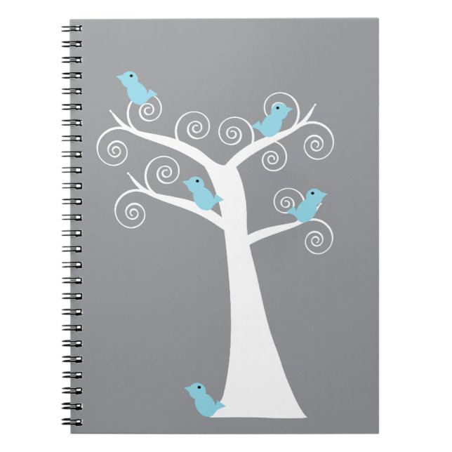 Carnet Oiseaux bleus fantaisistes sur fond gris d'arbre b (Devant)
