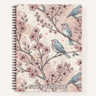 Carnet Oiseaux Bleus Pastel avec Fleurs de Cerisier Roses