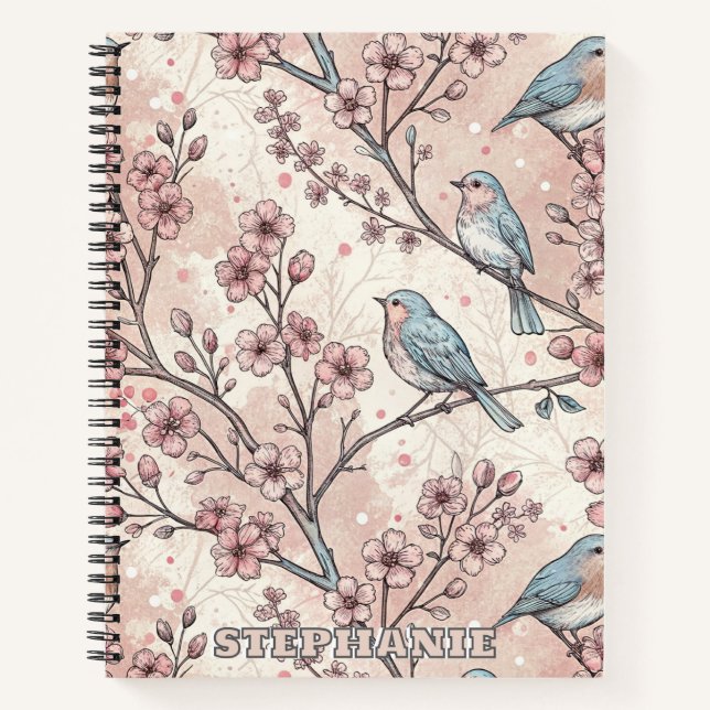 Carnet Oiseaux Bleus Pastel avec Fleurs de Cerisier Roses (Devant)