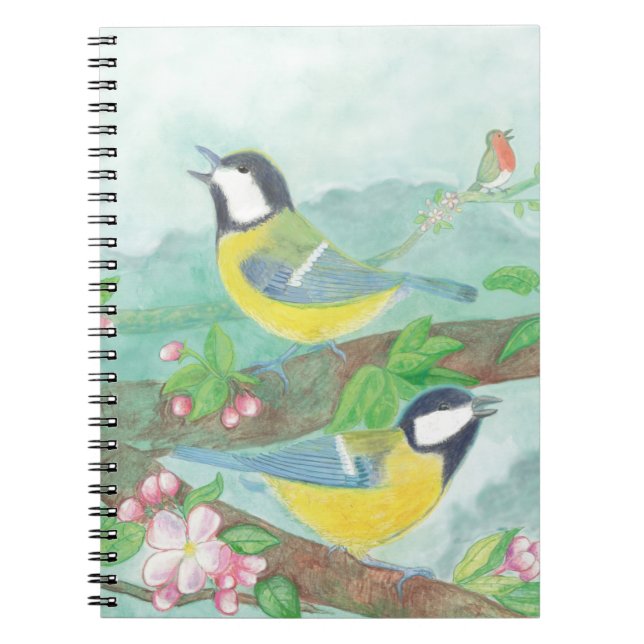 Carnet Oiseaux chantant sur une branche d'arbre en fleurs (Devant)